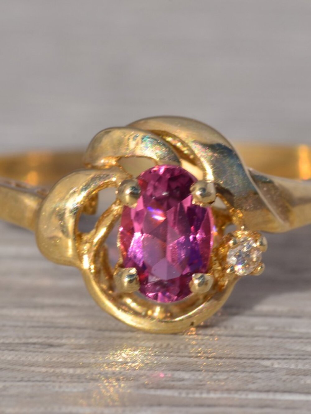 Vintage Pink Tourmaline & Diamond Ring in 14k Yellow Gold